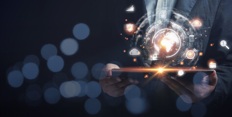 Businessman holding tablet on hands the virtual world digital online. For providing access to information and data global connection, innovation and technology. Internet digital networking online.