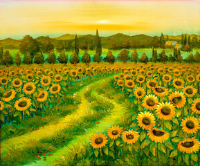 Vintage oil painting depicting sunflowers, heavily textured.