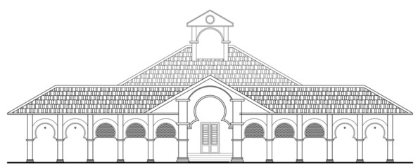 Architectural CAD illustration of a single-story building facade in 2D. Drawing in black and white. The building facade has a series of arches with big arches at the middle at the main entrance.