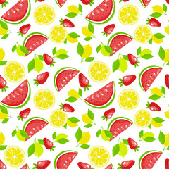 Sweet seamless pattern. Print with watermelons, lemons, strawberries and leaves.