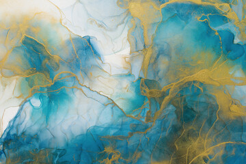 Luxury abstract fluid art painting alcohol ink. Background blue, aquamarine gold sparkles. Rich bright abstract pattern.