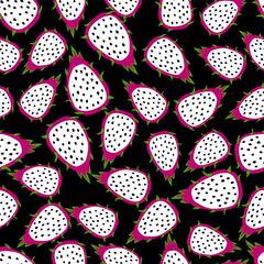 Seamless summer tropical print. Red dragon fruit, pitahaya..