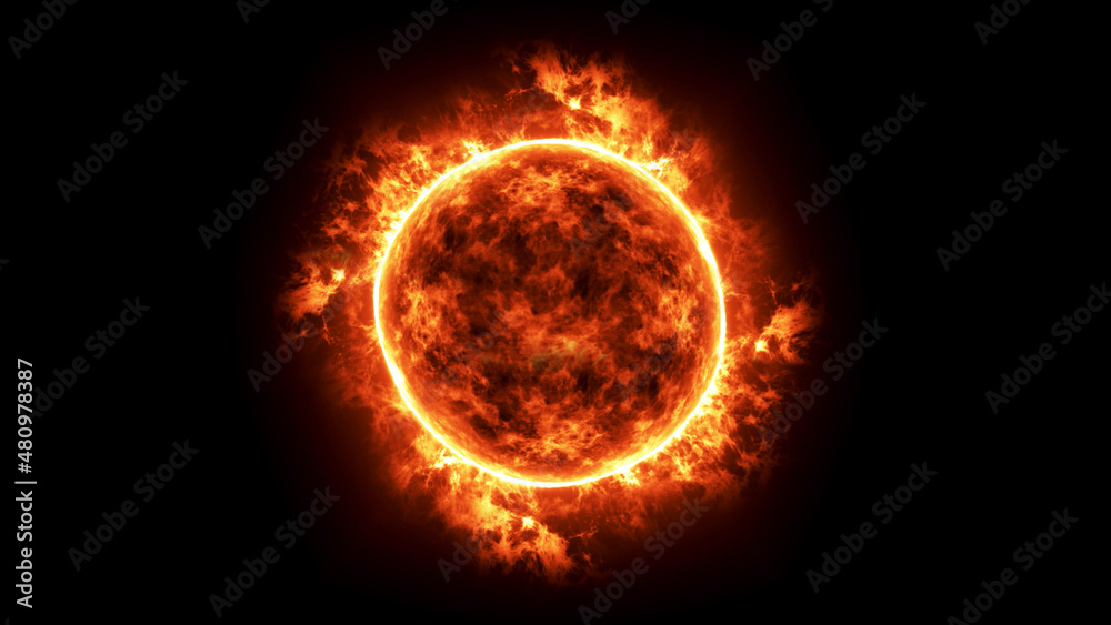 Wall mural 4k resolution, full sun surface loop view with solar flares on a black background and copy space on 