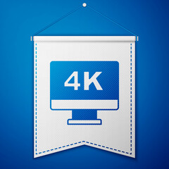 Blue Screen tv with 4k Ultra HD video technology icon isolated on blue background. White pennant template. Vector