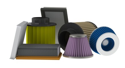 Automotive air filter spare parts, car maintenance 3D illustration