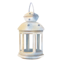 Watercolor old  lantern isolated on white background. Hand drawn watercolor illustration