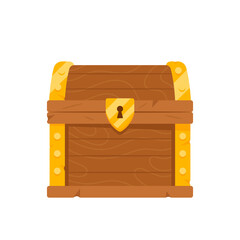Closed Wooden Chest with Golden Fetter and Key Hole. Treasure Box With Gold Money, Wealth or Pirate Chests Loot