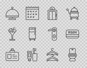 Set line Identification badge, Toilet bowl, Lift, Toothbrush and toothpaste, Covered with tray, Refrigerator, Hanger wardrobe and Hotel key card icon. Vector