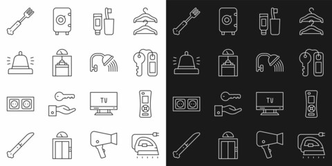 Set line Electric iron, Remote control, Hotel door lock key, Toothbrush and toothpaste, Lift, service bell, Fork and Shower head icon. Vector