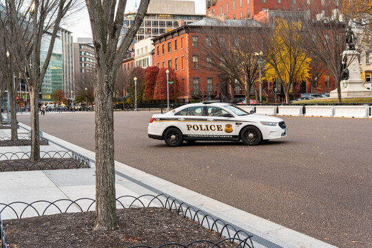 Washington D.C. - Nov. 22, 2021: United States Secret Service Police car parked on Pennsylvania Avenue in front of the White House pointed toward Lafayette Square Park.