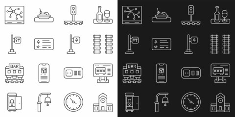 Set line Railway station, Ticket office to buy tickets, Railway, railroad track, Train traffic light, Road signpost, Cafe and restaurant location, map and icon. Vector
