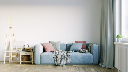 Beautiful interior of a modern room. Bright and clean design. A sofa standing by a large window against a wall background. 3D rendering