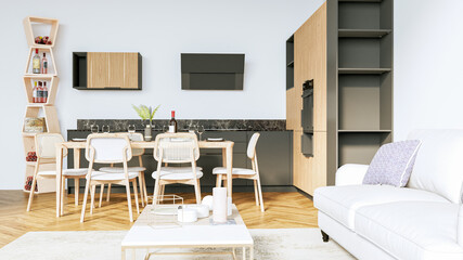 Modern stylish kitchen interior, room with wooden floor, table and sofa. 3D rendering
