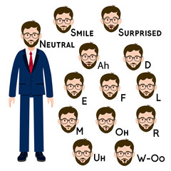 Mouth and lips for animating the speech of a character with a mustache. A set of men's faces for animating speech and emotions. Vector drawing of a person with different lip expressions
