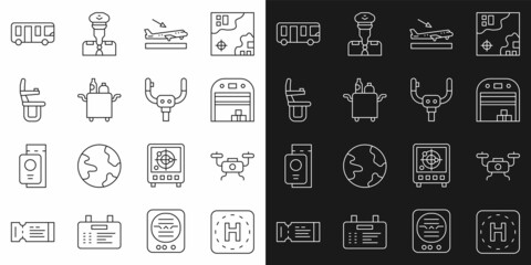 Set line Helicopter landing pad, Drone flying, Aircraft hangar, Plane, Trolley for food, Airplane seat, Airport bus and steering helm icon. Vector