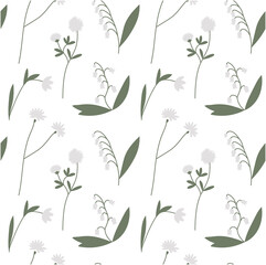 Floral vector seamless pattern with spring meadow wild flowers. White wildflowers hand drawn illustration isolated on white background. For wrapping, fabric, wallpaper.
