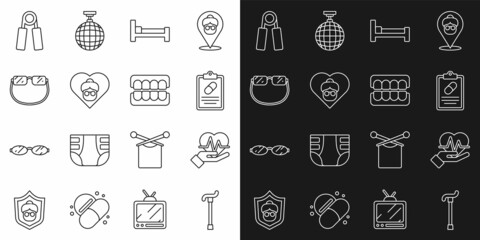 Set line Walking stick cane, Heart rate, Medical prescription, Bed, Grandmother, Eyeglasses, Sport expander and False jaw icon. Vector