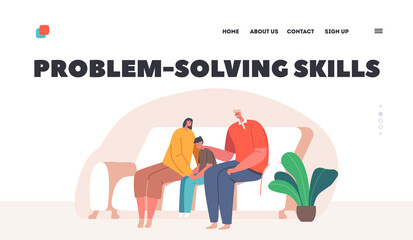 Problem Solving Skills Landing Page Template. Parents Support their Child, Father and Mother Comforting Upset Kid