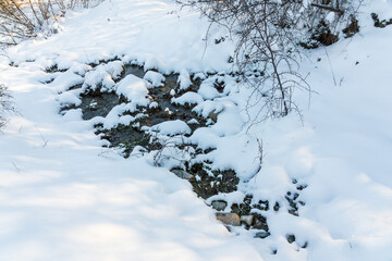 Snow covered stream in the forest