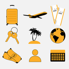 Vector tourism icon set in orange, white and black colors. Icons for site or social media on transparent background