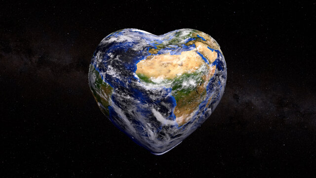 The concept of life and peace on planet Earth. Heart shaped planet Earth on a dark background. 3d Illustration