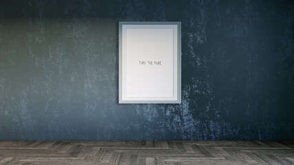 Modern interior of a room with an empty painting. Sofa and large window, wooden floor and wall. Clean lines of interior design. 3D rendering