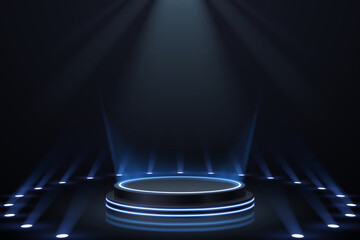 Abstract black podium with blue light effects