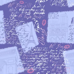Crédence de cuisine en plexiglas Very peri Motif sans couture avec les vues de Paris en couleur très péri. La Tour Eiffel, Notre Dame de Paris, l& 39 Arc de Triomphe dans le style gravé avec texte manuscrit.