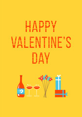 Happy Valentine's day greeting card design. Gifts, flowers and shmpoo. Vector flat illustration.