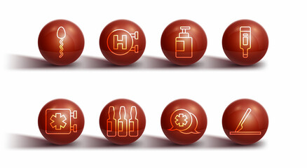 Set line Sperm, Medical symbol of the Emergency, Digital thermometer, Dialogue with doctor, vial, ampoule, Hospital signboard, surgery scalpel and Hand sanitizer bottle icon. Vector