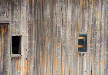 Details of an old barn in a winter countryside landscape in Quebec, Canada