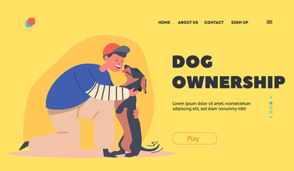 Dog Ownership Landing Page Template. Tenderness to Animals, Kid Hug and Caress Funny Dachshund, Little Child Cuddle Pet