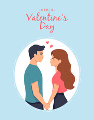 Card with St. Valentine's Day. A young couple kisses in a frame. Vector illustration in a flat style