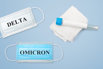 Medical face mask with Omicron variant text on it. Covid-19 new variant