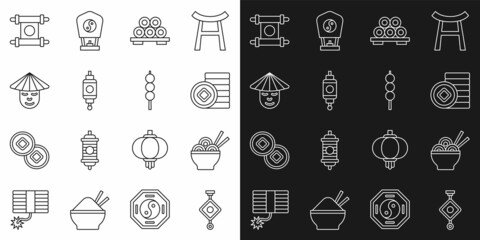 Set line Chinese paper lantern, Asian noodles bowl, Yuan currency, Sushi on cutting board, man, Decree, paper, parchment, scroll and Meatballs wooden stick icon. Vector