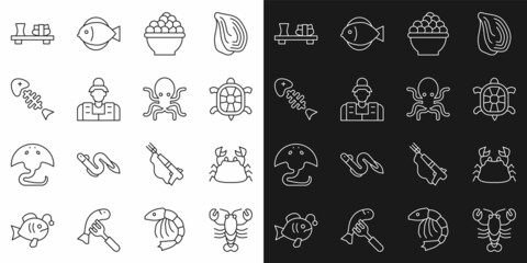 Set line Lobster, Crab, Turtle, Caviar, Fisherman, skeleton, Sushi cutting board and Octopus icon. Vector