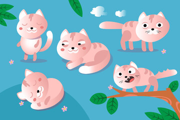 Set of kittens with different emotions and poses. Character in cartoon style for design. Vector illustrations, full color.