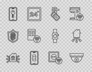 Set line Smart home, Motion sensor, Digital door lock, Smartphone battery charge, key, Air humidifier, electrical outlet and icon. Vector