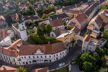 Aerial view of the castle district in Veszprem Hungary with the walls, bastions bishop palace and...