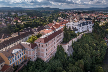 Fototapeta na wymiar Aerial view of the castle district in Veszprem Hungary with the walls, bastions bishop palace and other medieval building including the hero's gate and fire tower
