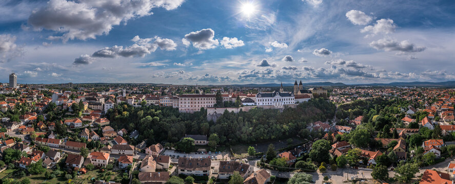 Aerial view of the castle district in Veszprem Hungary with the walls, bastions bishop palace and other medieval building including the hero's gate and fire tower