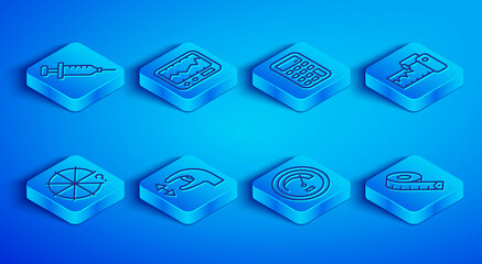 Set line Syringe, Measuring instrument, Calculator, Approximate measurements, Speedometer, Circle of pieces and tape icon. Vector