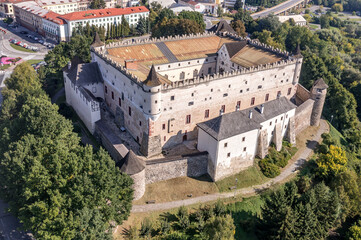 Aerial view of Zvolen castle in Slovakia with Renaissance palace, outer ring of wall, turrets,...