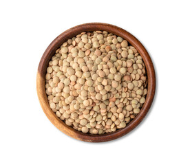 Raw lentils in a wooden bowl isolated over white background