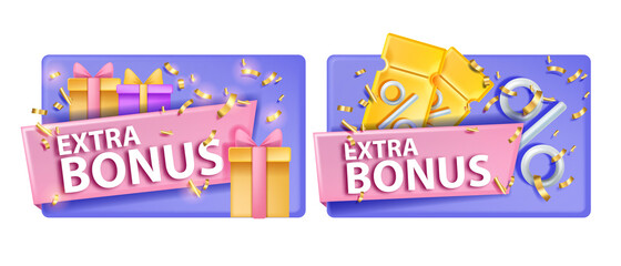 3D voucher coupon gift card set, vector discount offer promotion ticket, extra bonus banner on white. Special sale reward, customer loyalty program premium promo badge. 3D holiday VIP voucher