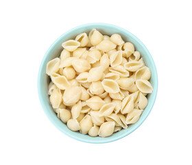 Bowl with tasty pasta on white background, top view