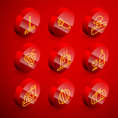 Set line Garden rake, Umbrella, Mushroom, Grape fruit, Cup of tea with tea bag, Wine bottle glass, Farm house and Watermelon icon. Vector