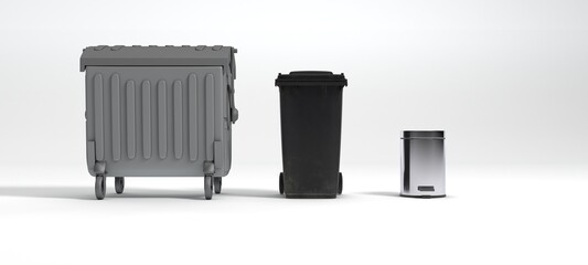 3d rendering of recycle bins and trash cans standing in row