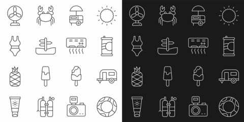 Set line Rubber swimming ring, Rv Camping trailer, Soda can, Fast street food cart, Road traffic sign, Swimsuit, Electric fan and Air conditioner icon. Vector