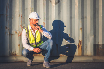 Portrait images of Caucasian engineer man Sitting on the floor and thinking about planning, with containers background, to people and worker concept.